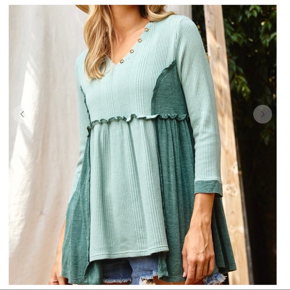 Alex 3/4 Sleeves Boho V Neck BabyDoll Color Block Top - Picture 2 of 6